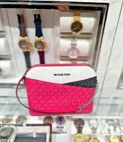 Michael Kors Jet Set Travel Women Dragonfruit Crossbody MK Pattern Dome Handbag
