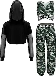 [FEESHOW] Girls 3 Piece Hip Hop Outfits Sweatshirt Hoodie + Tank Top + Pant Athletic Outfits Modern Dancewear