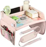 Car Seat Table Tray, Kids Travel Tray with 15 Pockets Waterproof Kid Car Tray Paintable Toddler Car Seat Tray Breathable Car Lap Tray Cute Cartoon for Kids Travel Airplane Outdoor (Pink)