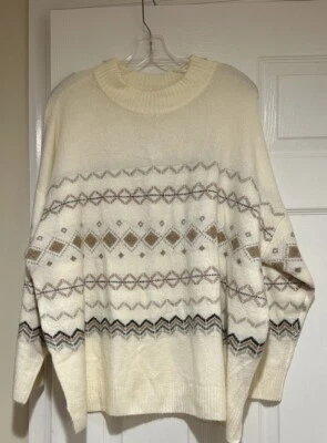 Nwt Talbots 3X Cream Print High Collar Pullover Tunic Sweater