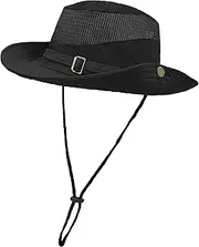 [ehsbuy] Sun Hat Men's Breathable Mesh Safari Fishing Hat Foldable Wide Brim Summer Hat Cowboy Style Adjustable Boonie Fishing Hat for Hiking Travel Outdoor