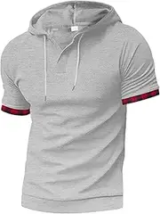 [VgueElegc] Men's Fit Baggy Soft Tops Gym Workout Hooded Sweatshirt V-Neck Short Sleeve Hoodie T-Shirt, Grey, Small