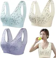 [AZIDWERYQ] 3PCS Front Fastening Bras Soft & Breathable Floral Prints Front Closure Bras No Underwire Full Coverage Sleep Wireless Bra for Middle Elderly Women Gift, Style 1 Closure