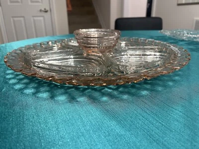 Glass Cornbread dish, glass platter, pink Depression glass platter+ 6 Dishes