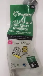 SHARKBITE ANGLE STOP VALVE 24657 WITH FAUCET CONNECTOR 1/2 in x 1/2" x 20"