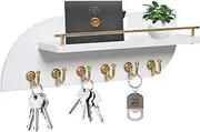 Karisky Key Holder for Wall, Decorative Key and Mail Organizer with 6 Sturdy Metal Hooks and Floating Shelf, 14 Inches Wood Wall Mounted Key Rack for Entryway, White and Gold