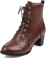 [UniqueStride] Women's Brogue Ankle Boots Lace Up Ankle Bootie with Chunky Block Heel Round Toe Shoes