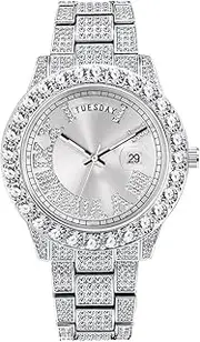 [Generic] Men's Diamond-Accent Watch - 43mm Gold/Silver Case with Day/Date Display, Luminous Hands, 30M Water Resistant (White/Red/Pink Dials)