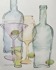 8 X 10 Original Pamela Wilhelm Pastel & Ink Martini & Olive Bottles Glasses