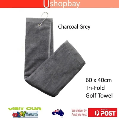 Golf Tour Towel Cut Velvet Tri-fold 60 x 40cm Metal Clip Bag Buggy *Grey