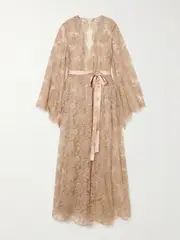[Rosamosario] Rosamosario - Classic Love Belted Satin-trimmed Cotton-blend Lace Robe - Beige - medium medium Neutrals