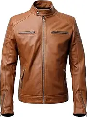 [Sumairah] Mens Blazer Tan Stand Collar Punk Motorcycle Biker Cafe Racer Zipper Genuine Leather Jackets