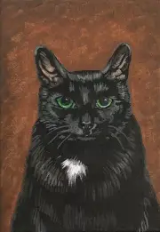 ACEO PRINT OF PAINTING RYTA BLACK TUXEDO CAT PORTRAIT HALLOWEEN WITCH folk art