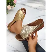Women's Gold Croc-Embossed Slide Sandals with Wedge Heel – Stylish Open-Toe Slip-On Shoes, Perfect for Beach Vacations, Garden Parties, Poolside Brunch Summer