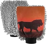XYMZR African Lion Silhouette Sunset Absorbent Microfiber Car Wash Mitt, Funny Cute Anime Scratch Free for Cars Cleaning, Home Cleaning Mitts, 2 Pack, 10.24” L x 7.09” W