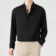 Long Sleeve Band Collar Plain Button Shirt Black - 2XL