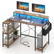 Giantex L-Shaped Computer Desk Study Table w/LED Lights & Power Outlets Home Brown