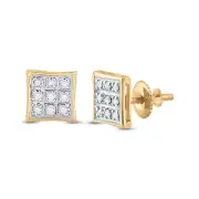 Diamond Square Cluster Kite Mens Stud Earrings 10k Yellow Gold Screw back