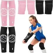 Sosation 2 Set Volleyball Knee Pads and Volleyball Arm Sleeves with Protection Pad Compression Forearm Wrist Guard with Thumb Hole Soft Breathable Pads for Hitting Passing(Black, Pink)