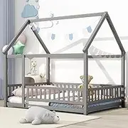 Full House Floor Bed for Kids, Wood Montessori Bed Frame with Rails for Girls & Boys, Full-Grey
