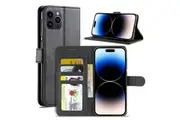 For Apple iPhone 14 Pro Case RFID Blocking Retro Flip Premium Leather Card Holder Wallet Cover (Black)