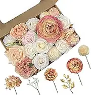 Artificial Silk Flowers for Wedding Decoration, Real Touch Peony and Fake Rose Bouquet with Stems for Bridal Bouquets Baby Shower Cake Party Indoor Outdoor Decor (Peach Pink)