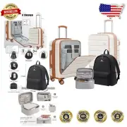 Explorer Carry-On Set: 20-Inch Suitcase, TSA Locks & Leather Makeup Bag - White