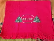 COMPLETED CROSS STITCH CHRISTMAS FINGERTIP TOWEL RED WITH CHRISTMAS TREES