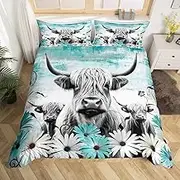 Highland Cow Print Duvet Cover Full,Teal Western Farmhouse Bedding Set Rustic Home Decor,Longhorn Cattle Farm Animal Comforter Cover Daisy Floral Bed Sets Cowboys Gifts for Boys Girls Kids
