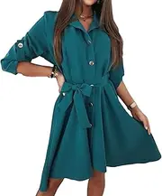 [SHINsuke] Women Summer Button Up Mini Shirt Dress, Solid Casual Spring Collar Belt Short A-Line Swing Wrap Dresses Work Party