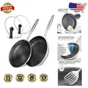 Premium Nonstick Stainless Steel Frying Pans with Lids - Induction Compatible