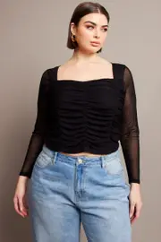 Black Mesh Top Long Sleeve Square Neck Ruched