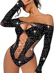 SEXYTINE Sexy Womens Fishnet Bodystocking Sparkle Rhinestone Mesh Tights One Piece Long Sleeved Bodysuit Fishnet Lingerie