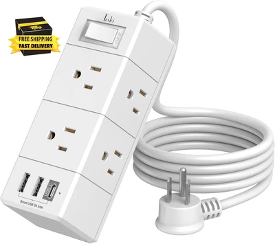 5Ft Outlet Extender Power Strip - Flat Plug Extension Cord with 6 Outlets and 4