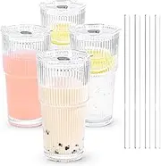20 oz 4 Pcs Drinking Glass Set with Straw and Lid Vertical Stripes Ribbed Iced Coffee Mugs Vintage Glass Cup for Tea Juice Soda Smoothie(Ribbed A*4 with Lid)