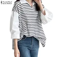 在飛比找蝦皮商城優惠-Zanzea 女式韓版時尚假兩件式泡泡袖翻領條紋襯衫