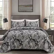 Black Paisley Quilt Set King Size Boho Bedspread Coverlet Set 3 Pieces, Soft Lightweight Black and Gray Paisley Floral Pattern Bedding for All Season, 104''x90''