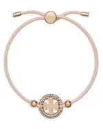 Tory Burch Miller Double T Jet Pave Charm Leather Cord Slider Bracelet in 18K Gold Plated