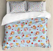 Ice Cream Duvet Cover Set with Pillow Shams Checkered Tartan Motif Print