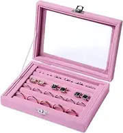 EZONEDEAL Velvet Jewelry Box, Jewelry Ring Display Organiser Box Tray Holder, Earrings Storage Case, Ring Display Case Organizer Box With Transparent Lid, Ring Organizer Box (Pink)