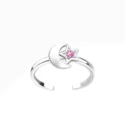 TJS 925 Sterling Silver Toe Ring Moon Star Rose Pink CZ Adjustable Jewellery