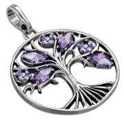 Tree of Life Amethyst Stones Sterling Silver 925 Pendant- FREE 18"SILVER CHAIN