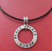 Peace Necklace Leather cord and Silver Plated Pendant disk Gift