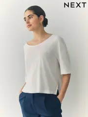 Ecru Linen Modal Blend Soft Touch Scoop Neck T-Shirt (AD3665) | $41