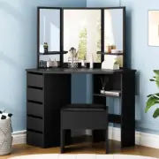 Modern Vanity Desk Set with Tri-Fold Mirror Hardwood Construction Large Storage