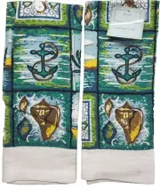 Set of 2 Same Printed Kitchen Towels(15"x25")NAUTICAL & SEALIFE THEME SQUARES,HC