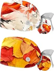 [YTYVAGT] 2-Pc,Nurse Scrub Caps,Scrub Hats with Buttons and Cotton Sweatband,Carp Fish Ink Painting