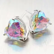 Rainbow Topaz Crystal Iridescent Love Heart Sterling Silver Filled Stud Earrings