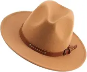 [DEARMAMY] Men's Women's Jazz Hat Flat Top Wide Brim Comfortable Woolen Hat for Events Khaki