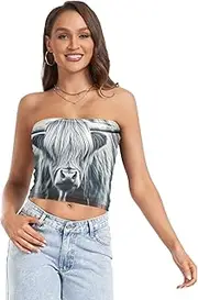 [RPLIFE] Highland Cattle Highland Cow Gray Tube Crop Tops for Women, Trendy Crop Tops, Sheer Tube Tops, Coquette Summer Clothes (S)